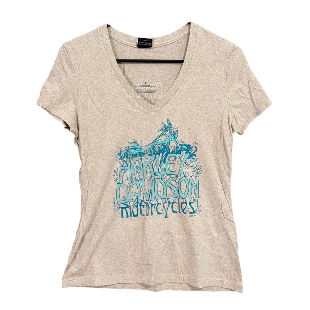 Harley Davidson Womens Shirt Tan Blue V Neck Short Sleeve Gaithersburg MD Small
